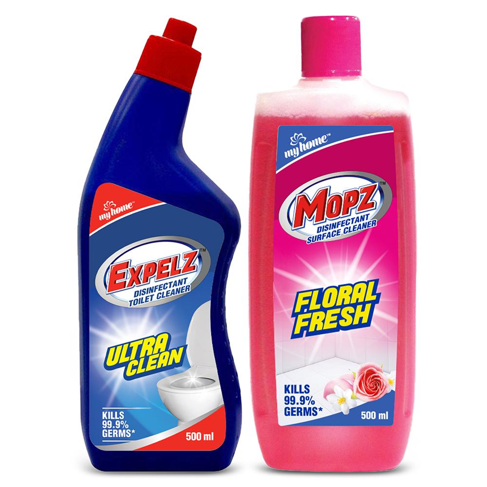 My Home Expelz Toilet Cleaner & Mopz Floral Fresh Bathroom Cleaning Combo Pack (500ml + 500ml)