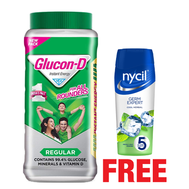 Glucon-D Regular 1Kg Jar + Nycil Powder Cool Germ Expert 150G Free