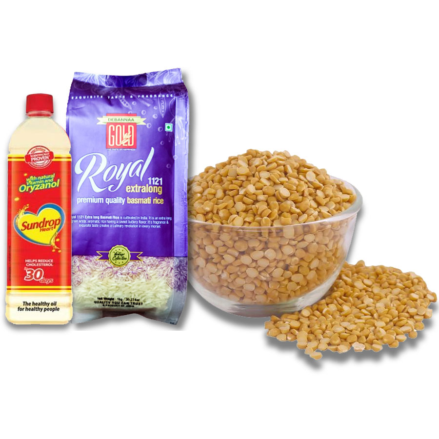Debanna Royal Basmati Rice Extralong Premium Quality (1Kg) + Sundrop Heart Blended Oil Bottle (1Ltr) + Chana Dal (500gm)