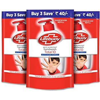 Lifebuoy HANDWASH REFILL TOTAL 10 ACTIVE SILVER FORMULA Refill Pouch 185Ml X 3 Save Rs.40